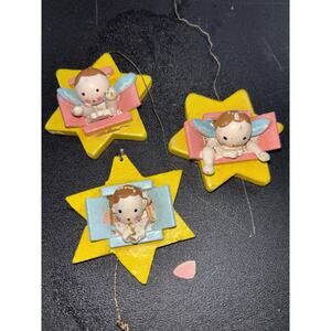 3 Vtg Erzgebirge Angels In Star Ornaments Hand Painted yellow blue & pink Italy